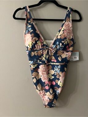 Shade & Shore Navy Floral One-Piece Swimsuit with Pink and Cream Accents